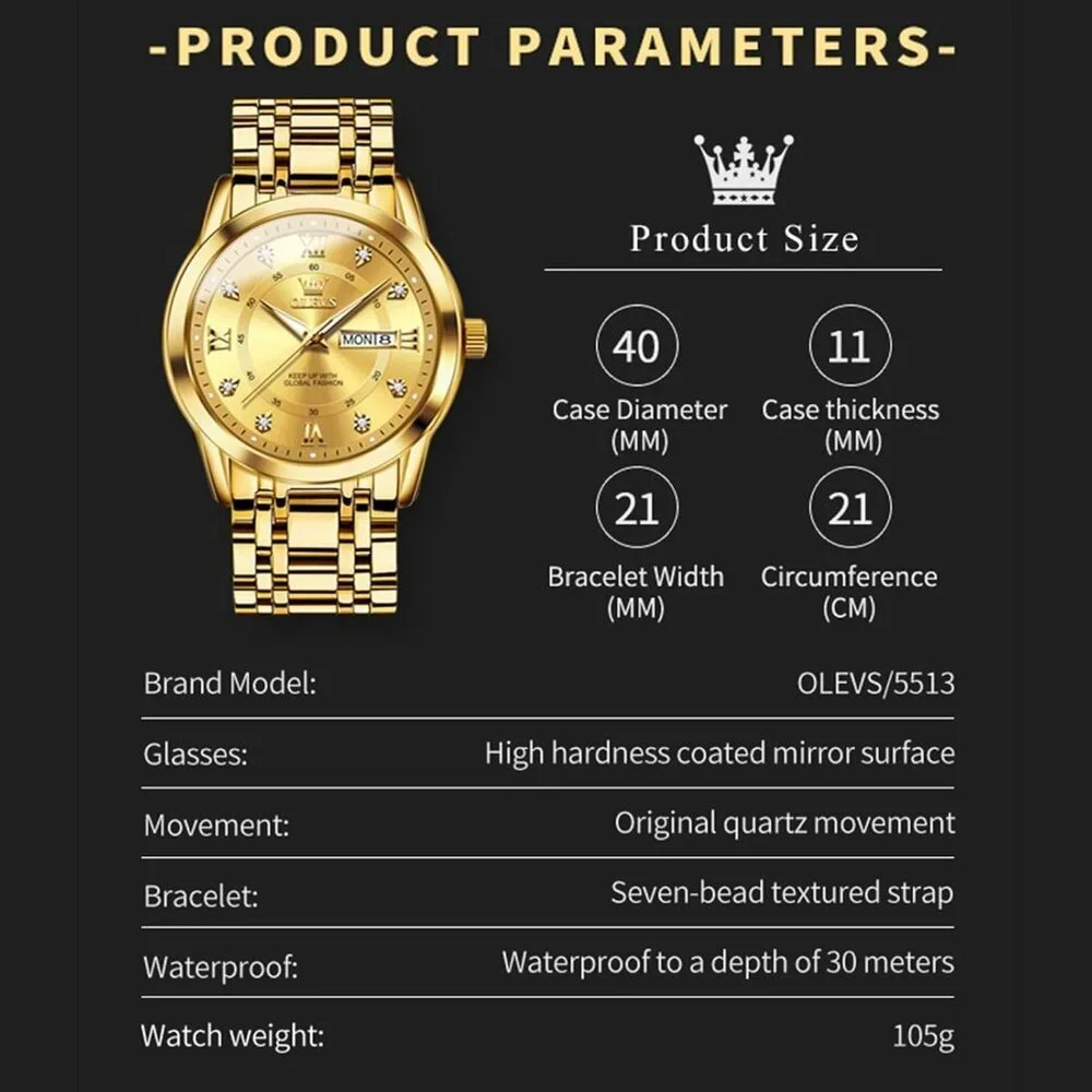 Olevs Men's Gold-Men Stainless Steel Man Watch with Date Luminous Stylish Watch